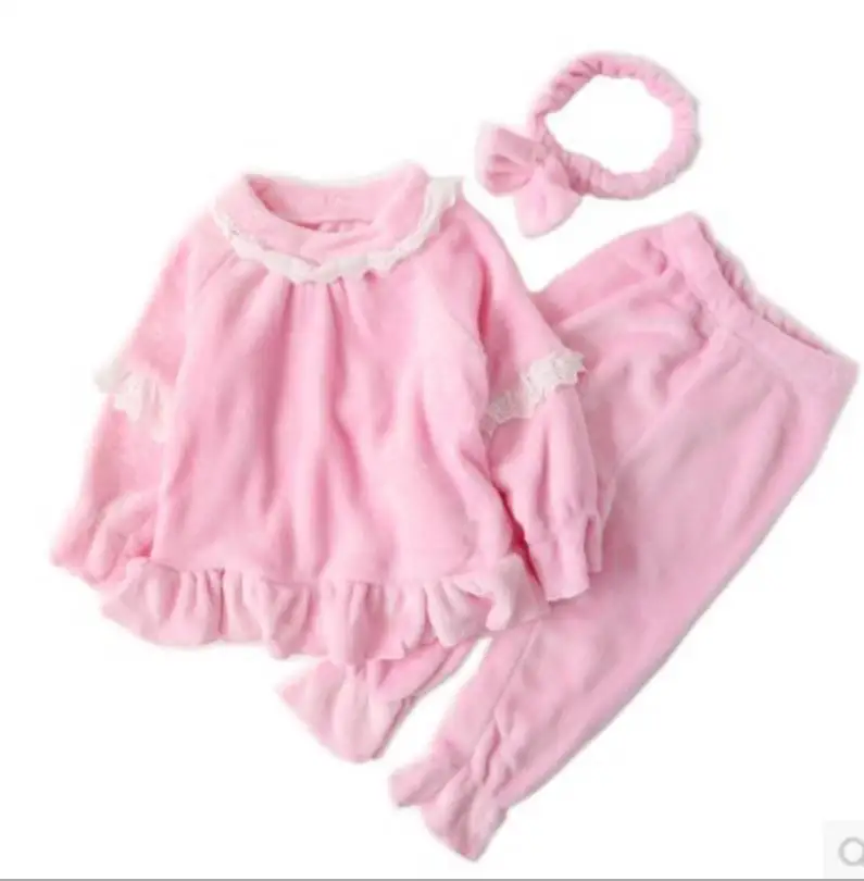 Winter new baby girl lace fashion  fleece sleeping suit children princess long sleeve flannel pajamas sets free headband ws167