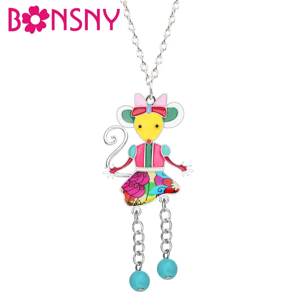 Bonsny Enamel Alloy Cartoon Mouse Rat Necklace Pendant Long Chain Fairy Tale Animal Jewelry For Women Girls Teens Birthday Gift