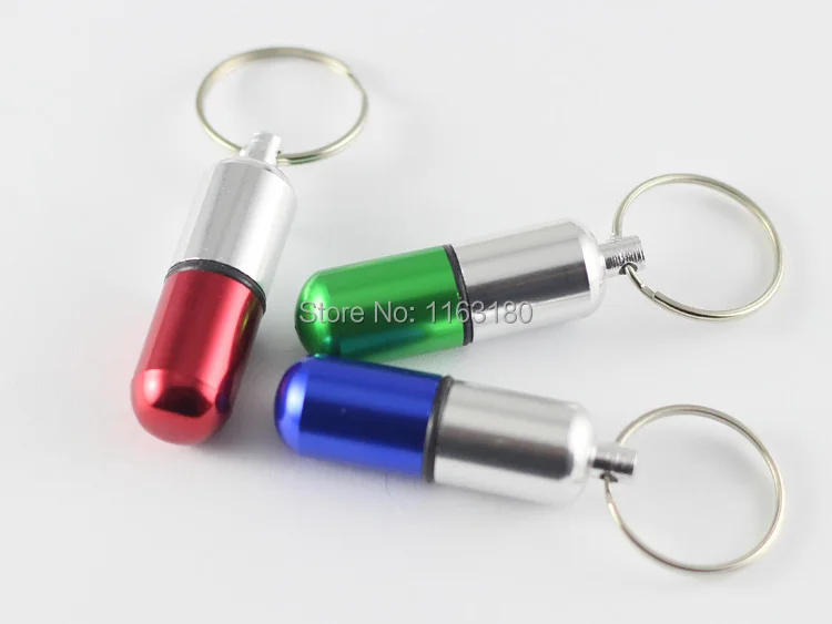 1000 pcs/lot mini alumnium pill box container holder keychain promotion gift case keyring free shipping