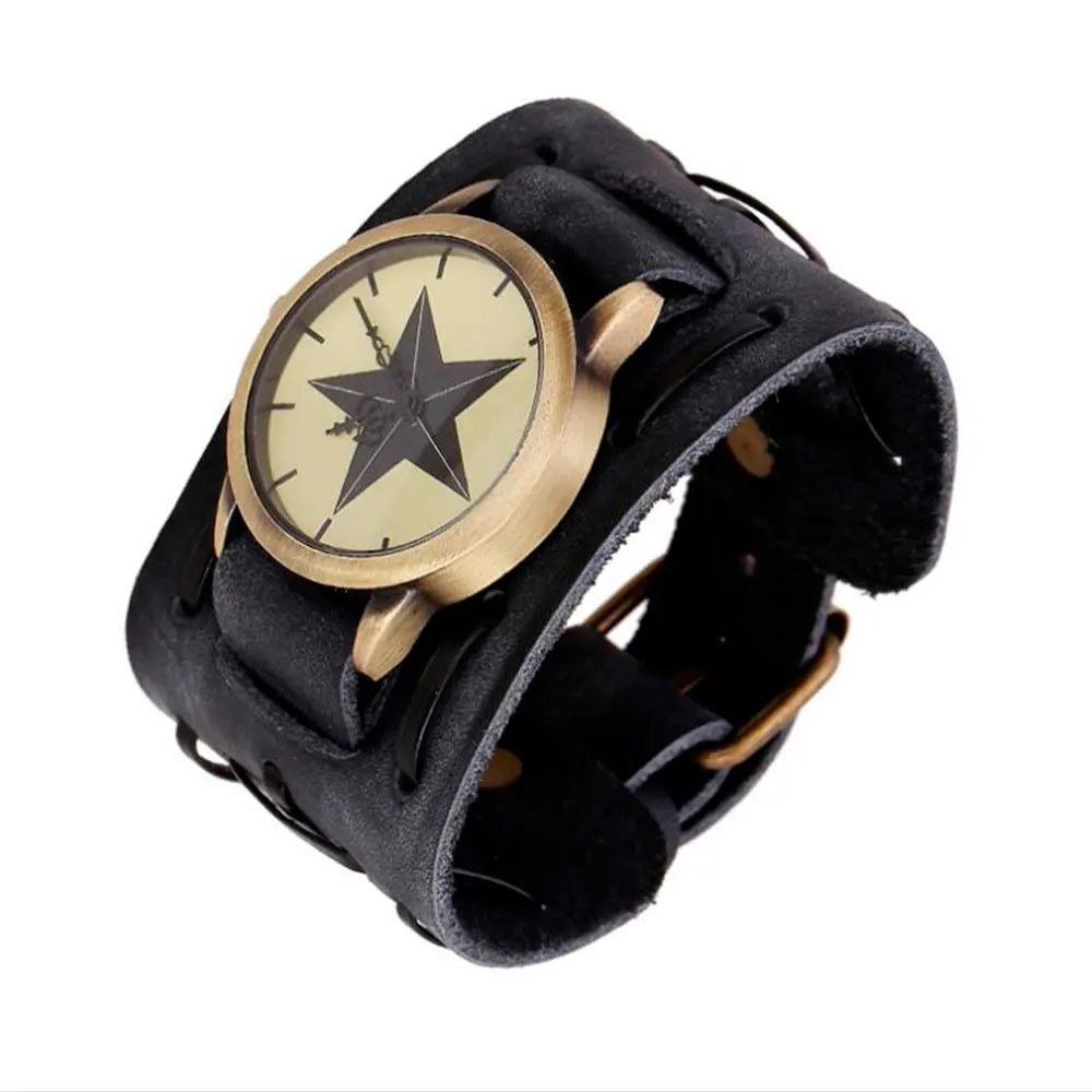 Hot Retro Wide Cow Leather Bracelet Watch Vintage Men Wrist Watches Casual Big Star Quartz Watch Clock Relogio reloj DropShip