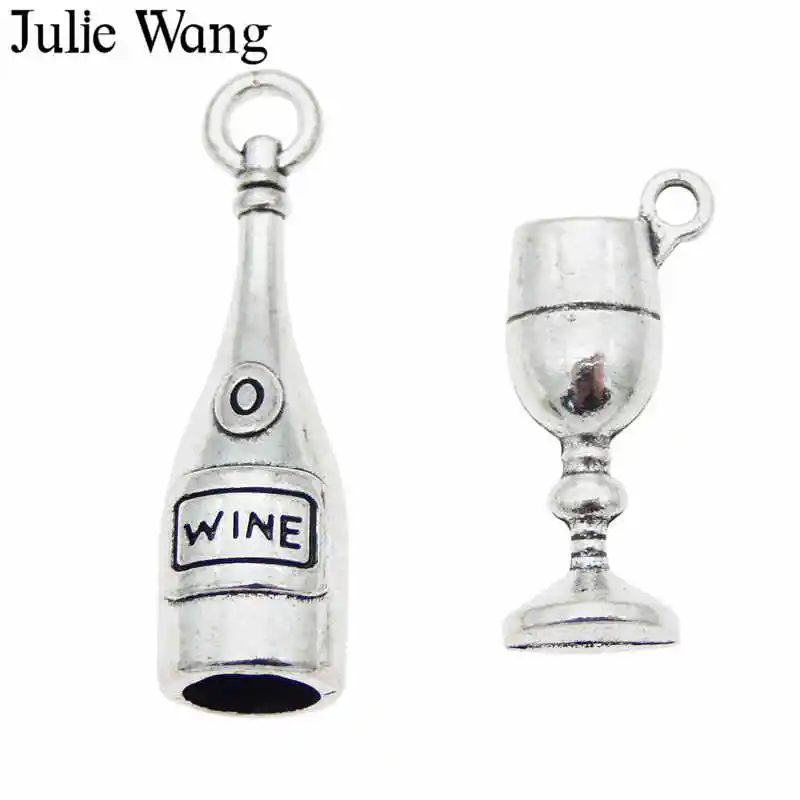 Julie Wang 12PCS Wine Bottle Goblet Charms Alloy Antique Silver Color Earrings Bracelet Jewelry Making Pendant Metal Accessory