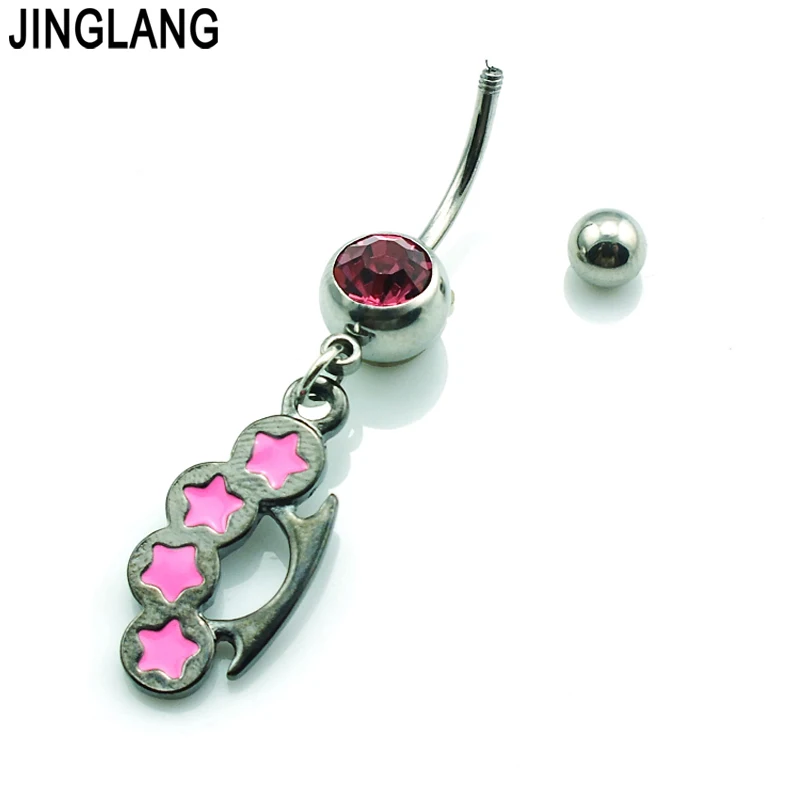 JINGLANG Arrival Belly Rings Surgical Steel Barbell Dangle Pink Enamel Black Brass Knuckles Navel Piercing Jewelry Free Shipping