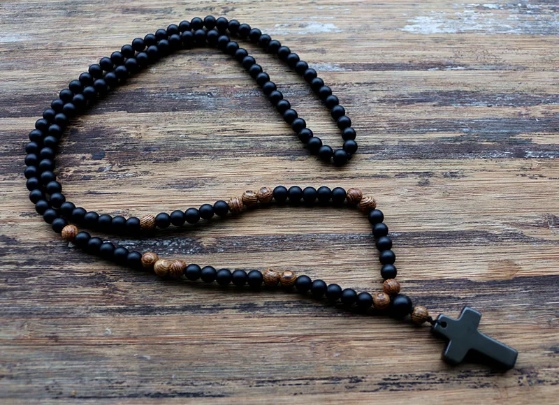 6MM Black stone Wood Beads with black stone cross Pendant Mens Rosary Necklace Mens Mala jewelry