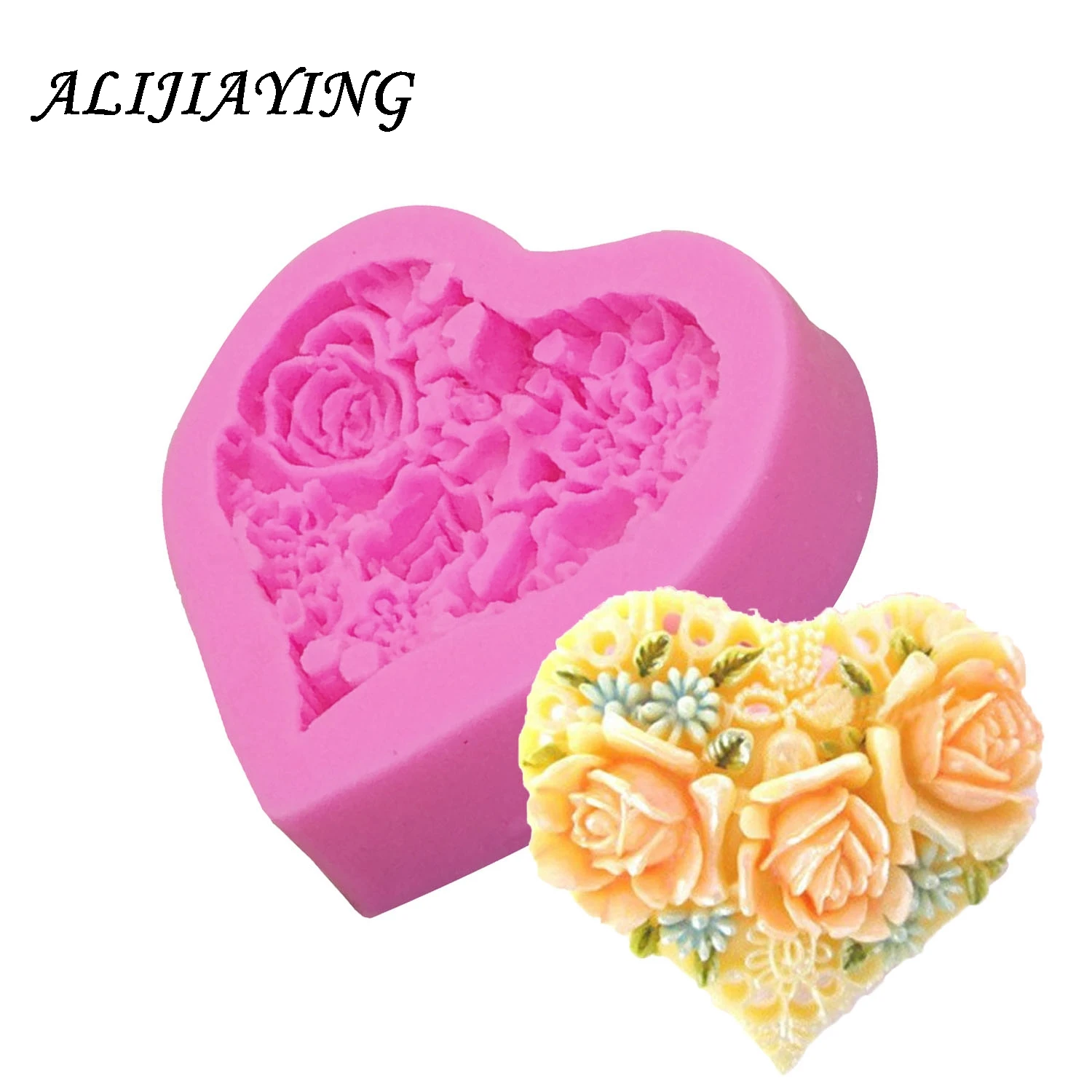 Ramo de rosas 3D con forma de corazón amoroso, regalo para el Día de San Valentín, molde para pastel de Fondant, silicona, azúcar, Chocolate, D0085