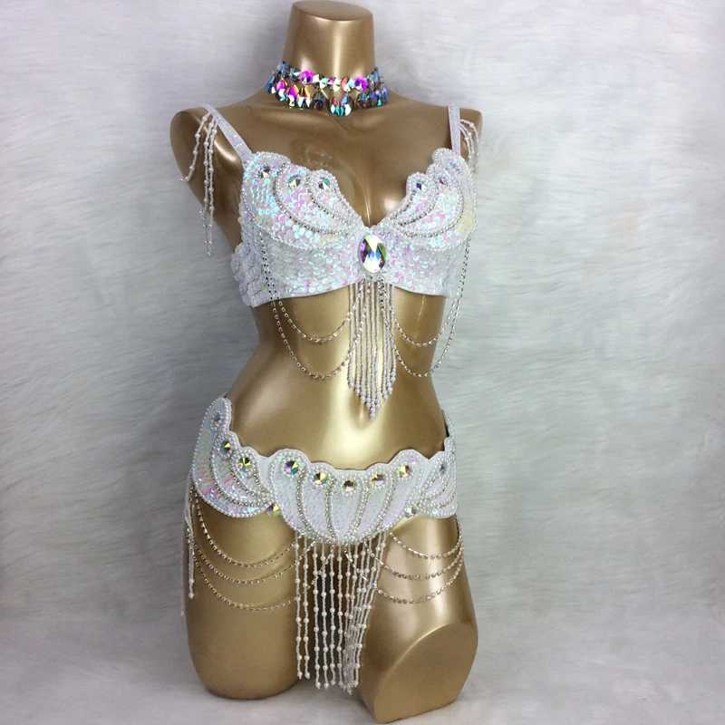 Traje de danza del vientre con cuentas para mujer, conjunto Sexy de sujetador y cinturón, disfraces de carnaval, ropa de danza del vientre, recién llegado