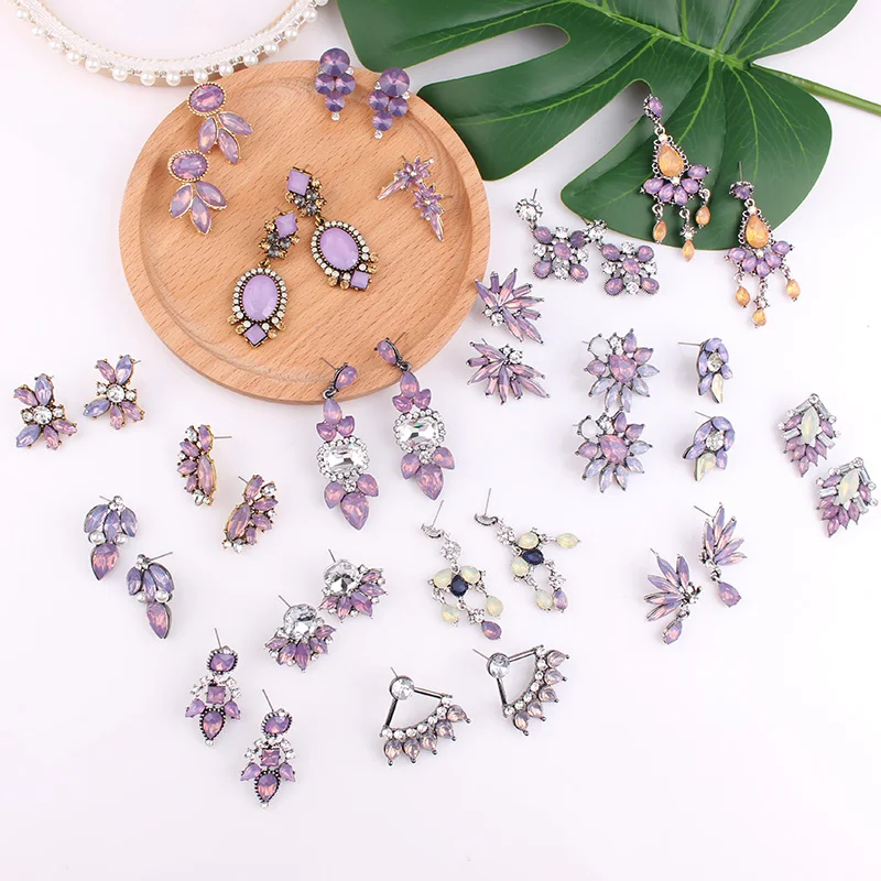 LUBOV Noble Purple Crystal Stone Pendant Dangle Earrings Trendy Flower Geometric Drop Earrings Trendy Women Party Jewelry 2019