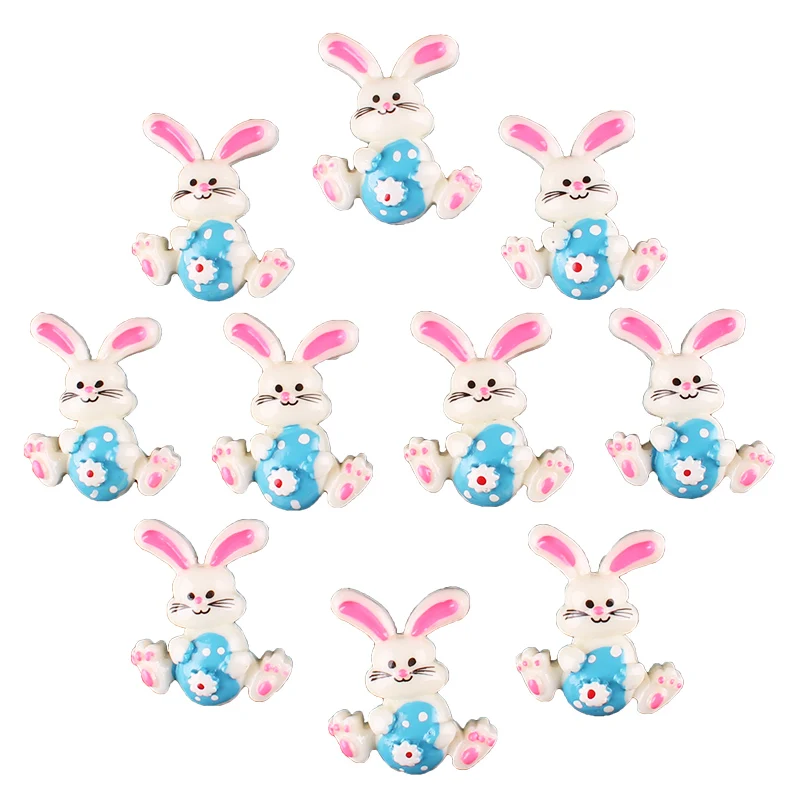 50pcs Easter Bunny Rabbit with Blue Egg Resin Scrapbooking Hair Bow Clip Center Crafts Embellishment Charms Cabachons