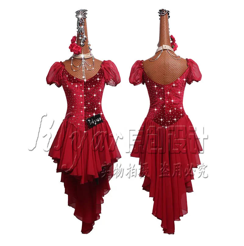 

Customized Latin Dance Costume Performance Costume Competition Costume Customized Wine Red Chiffon Pleated Skirt