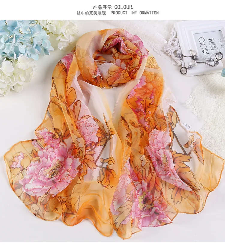 Hot Fashion Summer Chiffon Georgette Scarf Parrot Peony Print Women Foulard Long Shawl&Wrap Bandana Elegant Thin 50*160cm M163