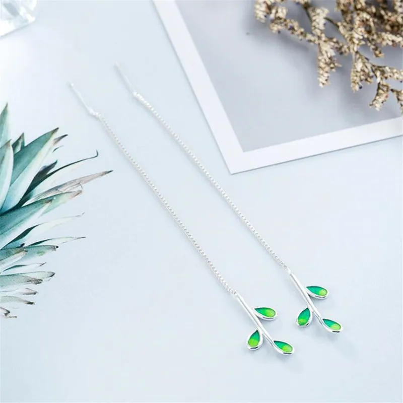 New Arrival Beautiful Colorful Leaf Ear Line 925 Sterling Silver Jewelry Personality National Women Gift Dangle Earrings E214
