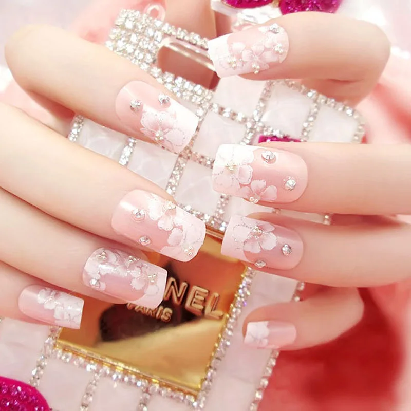 24 Pcs/Set Wedding Bride Full Nails Tips With Glue Flowers Shining 3D Diamond Rhinestone Fake Nail Art Tool Nail strips