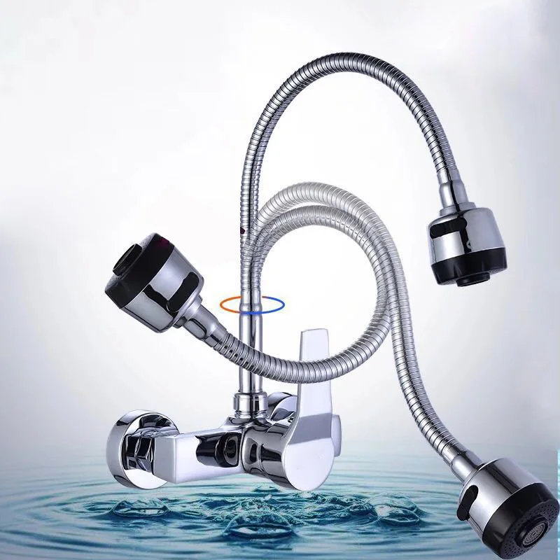 Wall Mounted Stream Sprayer Kitchen Faucet Single Handle Chrome Flexible Hose Kitchen Mixer Taps Dual Holes Free Shipping