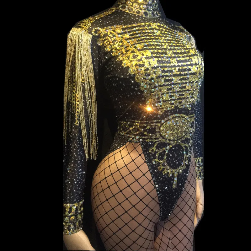 Traje de lujo para mujer, traje de baile, espectáculo de escenario, club nocturno, monos de cantante, mono brillante con cristales dorados y negros