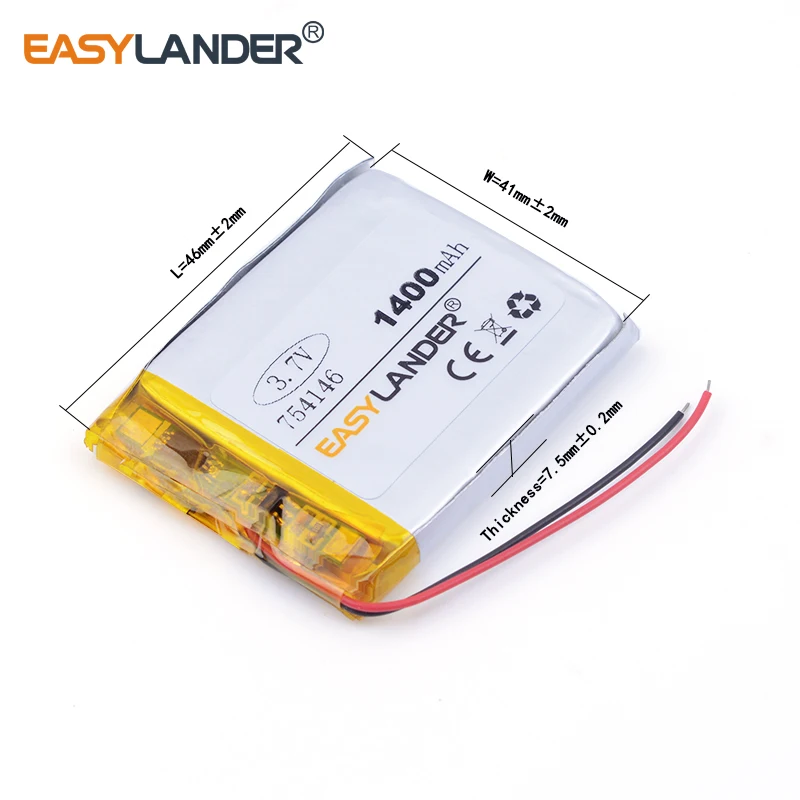 Bateria recarregável do polímero do Li-íon do lítio, para DVR, GPS, MP3, MP4, orador do telefone celular, 3.7V, 1400mAh, 754146