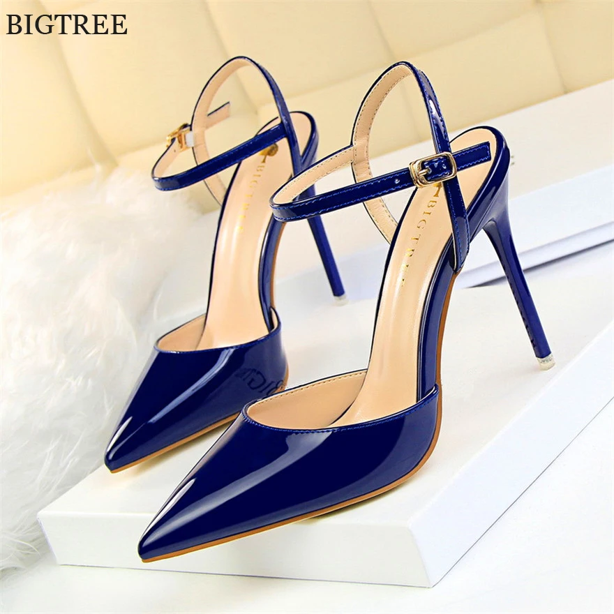 11 Colors Fashion Patent Leather Shallow Women Sandals 2024 Summer Pointy Toe Ankle Buckle High Heels Female Wedding Shoes Party