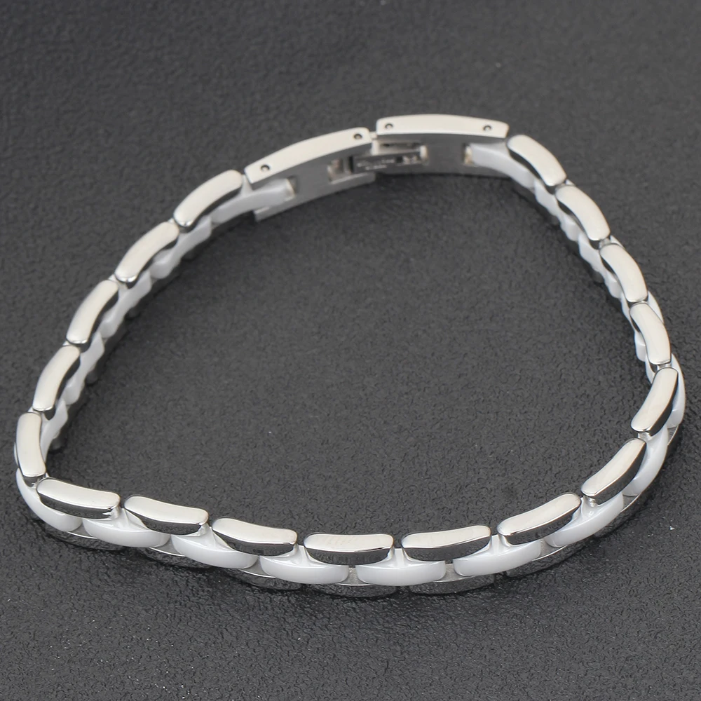 NIBA 20cm White  Ceramic Bracelet Bangle Stainless Steel Chain Link Bracelet Women And Men Jewelry