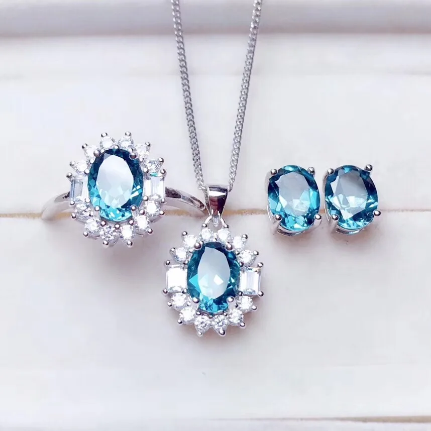 

ocean blue topaz gemstone jewelry set including ring earrings silver necklace good cut birthday party banquet gift natural gem