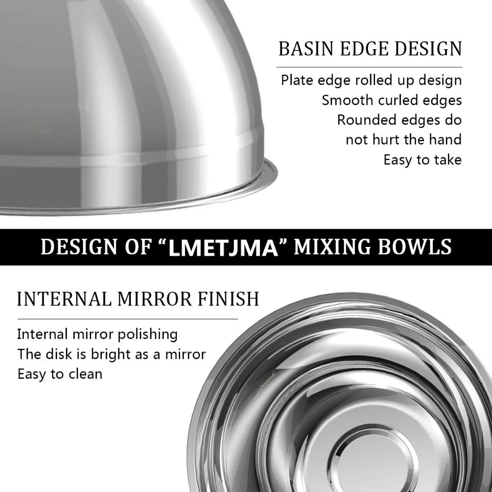 LMETJMA Stainless Steel Mixing Bowls Non Slip Nesting Whisking Bowls Set Kitchen Mixing Bowls For Salad Cooking Baking KC0257