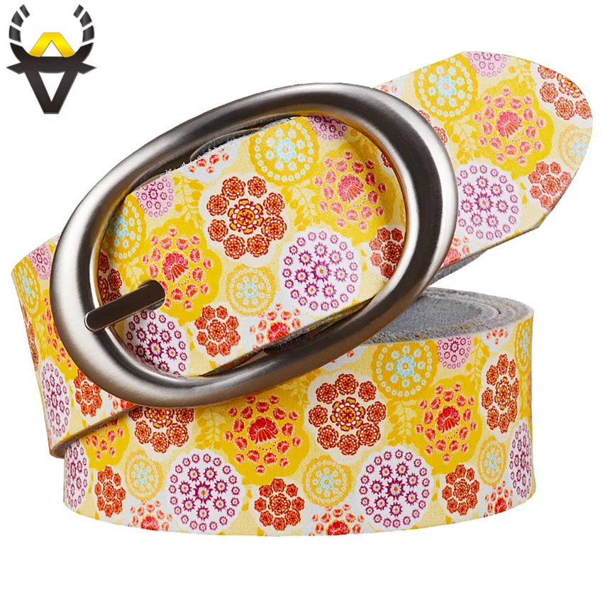 

Fashion genuine leather belts for women Printing floral woman belt Quality Pin buckle cow skin waist strap female width 3.5 cm