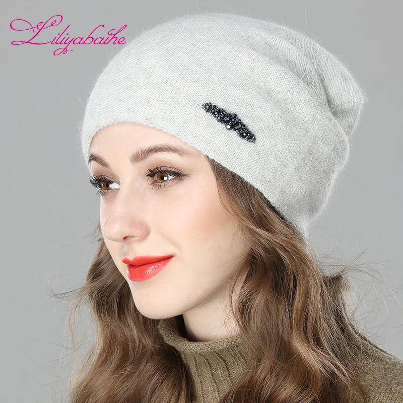 LILIYABAIHE Women Autumn And Winter Hat angora Knitted Skullies Beanies Cap diamond decoration hats for Girls