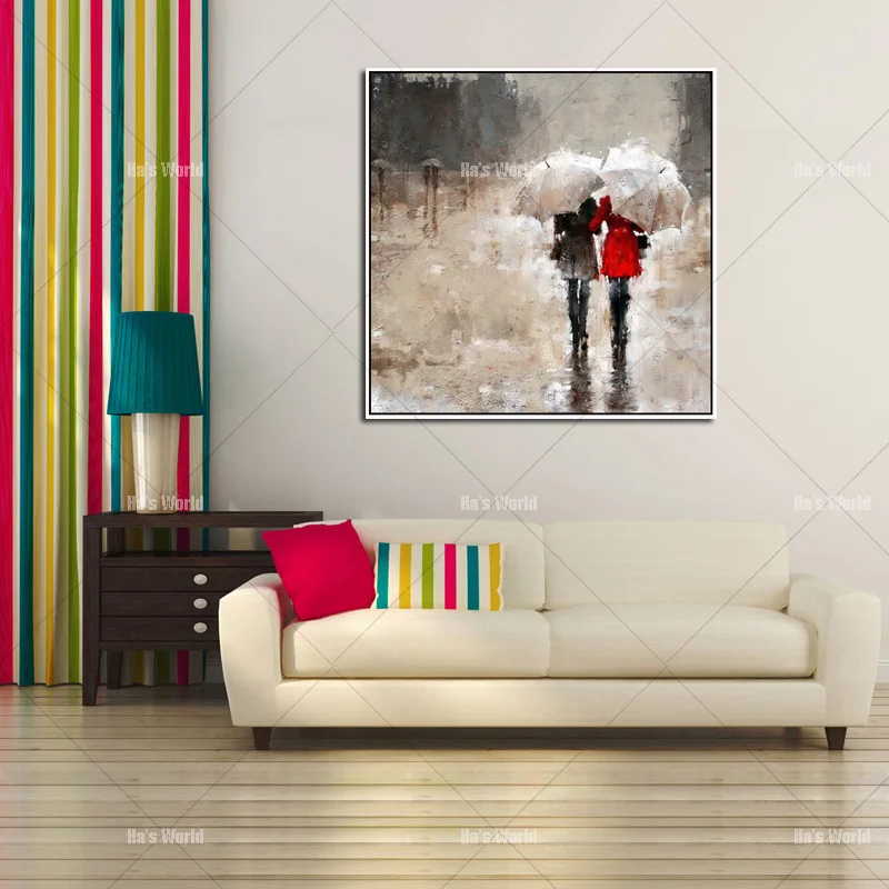 100% Handpainted Free Shipping Oil Painting on Canvas Handmade Wall Art Modern Rain Landscape Picture Two People