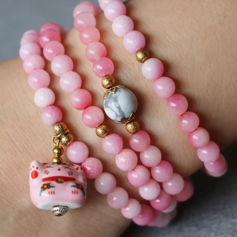 

6mm Pink Chalcedony Bracelet Lucky Ceramic Cat Pendant Gold-Color Beads Jewelry Bracelet Multilayer Chain Necklace Natural Stone