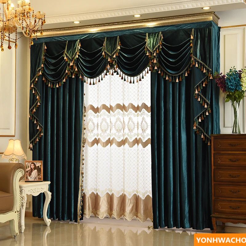 Custom curtains high class European modern Peacock blue Italian velvet thick cloth blackout curtain tulle valance drapes N944