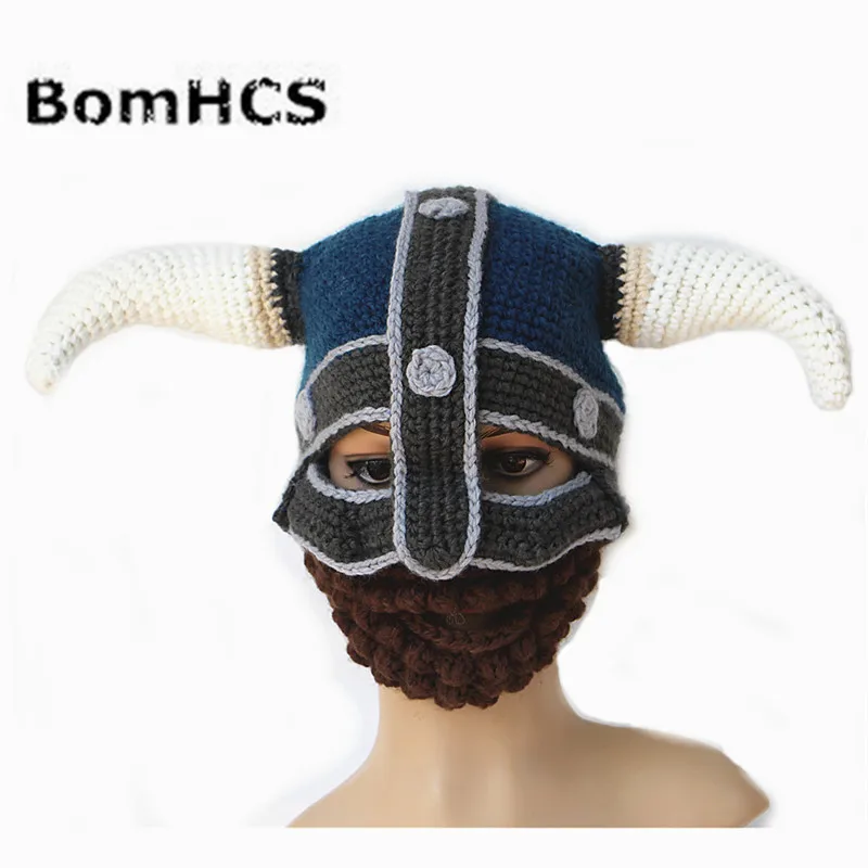 

BomHCS Funny Gift Big Horns Beanie Vikings Knight Helmet Beard Mask Hat Handmade Knitted Winter Ski Outdoor Cap