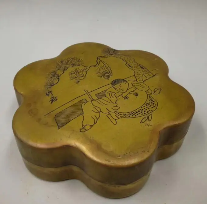 

Chinese archaize brass carving boy ink box