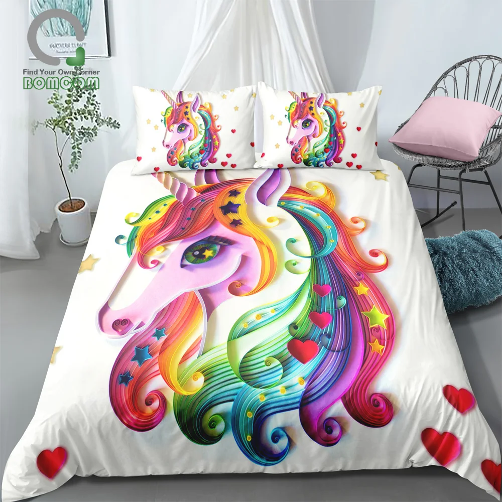 

BOMCOM 3D Digital Printing Rainbow Colorful Hand Drawn Floral Unicorn Bedding Set 100% Microfiber White