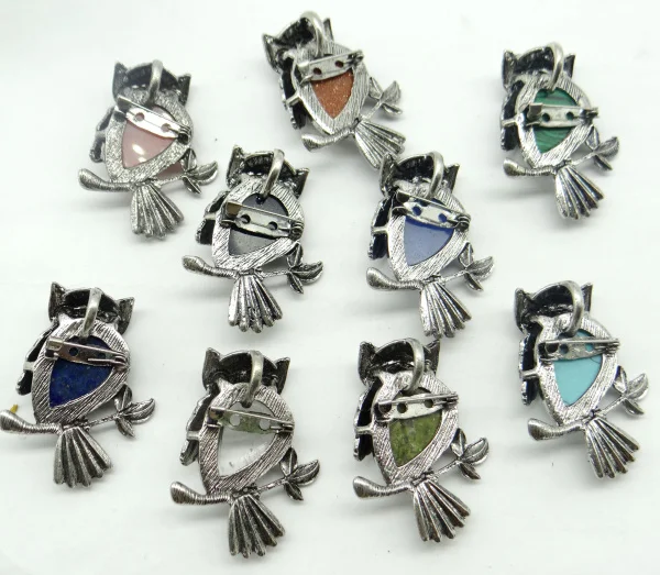 Natural stone mix tiger eye lapis lazuli TurquoiseS  animal Owl Archaize silver brooch Pendant for diy Jewelry making 10pcs  A20