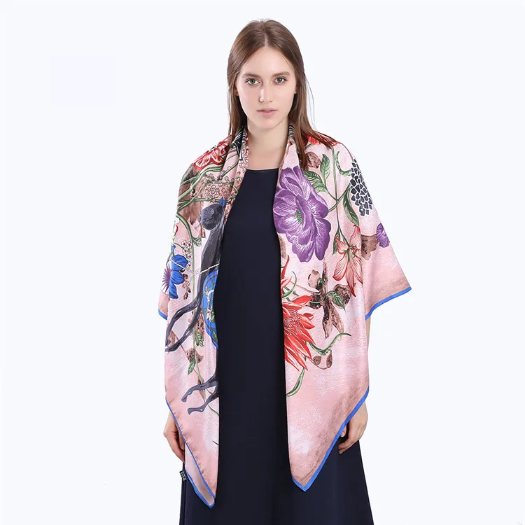 POBING Luxury Brand 100%Twill Silk Scarf Woman Square Scarves Wraps Flower Horse Print Silk Foulard Female Large Hijab 130CM