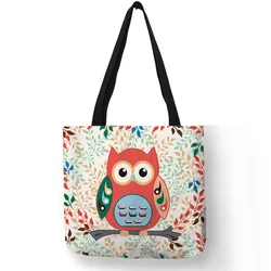 Exclusive Floral Design Tote Bag Cartoon Cute Owl Trees Stripe Print Linen Handbag Lady Girls School Daily Shopping Storage Bags