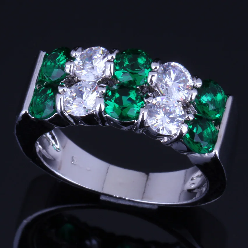 Flawless Round Green Cubic Zirconia White CZ Silver Plated Ring V0083