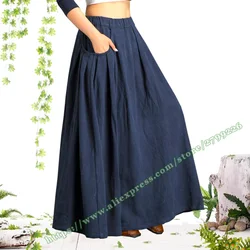 Autumn and Winter Female Vintage Casual Plus Size 6XL 7XL Thick Cotton Linen Folds Long Skirts for Womens Skirt with Pocket