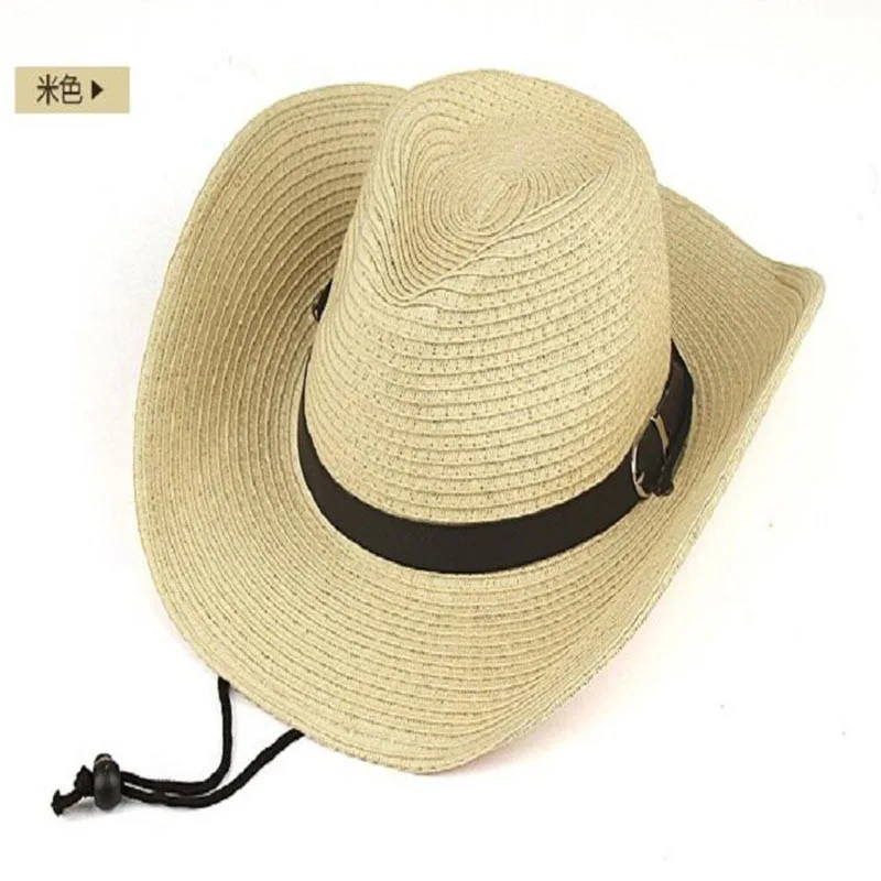 Men Summer Cowboy Knit Straw Hat Fashion Big Wide Brim Casual Beach Sun Sunscreen Block UV Protection Leather Belt Buckle Cap W1