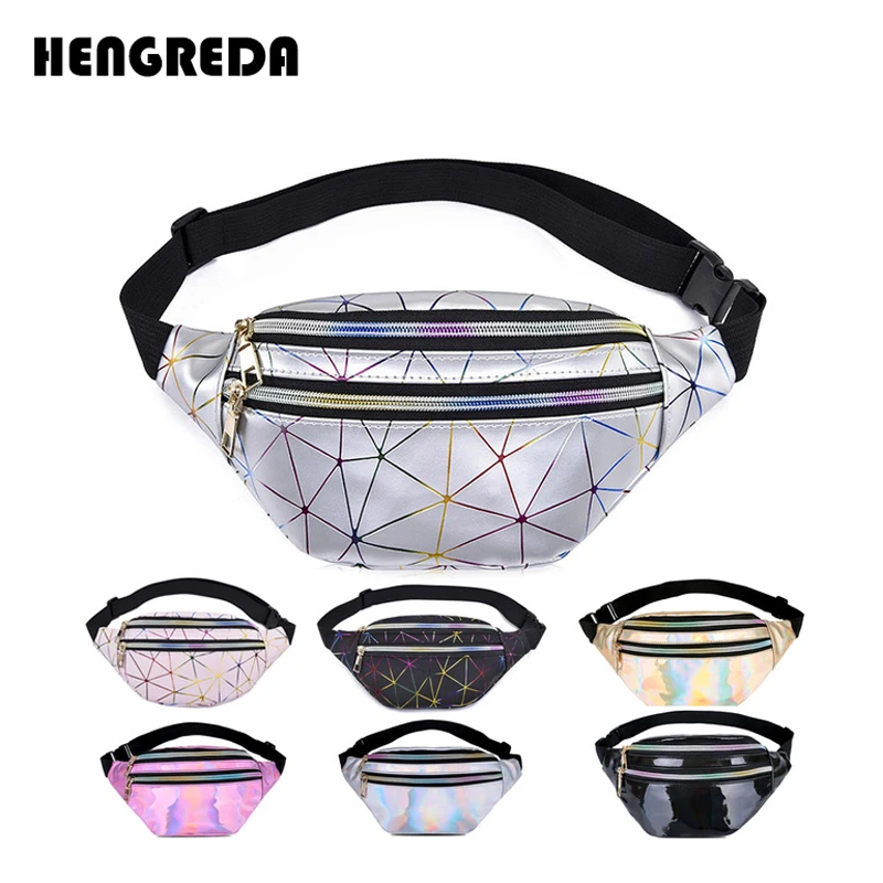 Hengreda Holographic Waist Bags Women Pink Silver Fanny Pack Female Belt Bag Black Geometric Waist Packs Laser Chest Phone Pouch