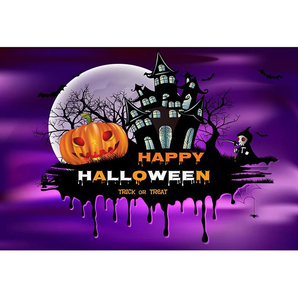 Purple Sky Full Moon Happy Halloween Backdrops Printed Bats Pumpkin Lantern Ghost Old Castle Kids Trick and Treat Backgrounds