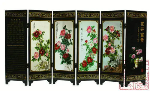 

( Mini ) Exquisite Chinese Art lacquer painting "HuaKaiFuGui" lots of flower Folding Screen