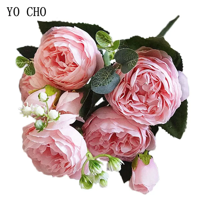 YO CHO 5 Heads Roses Artificial Flowers White Peonies Pink Silk Flowers Fake Roses Peony Bouquet Wedding Decor for Home Flowers
