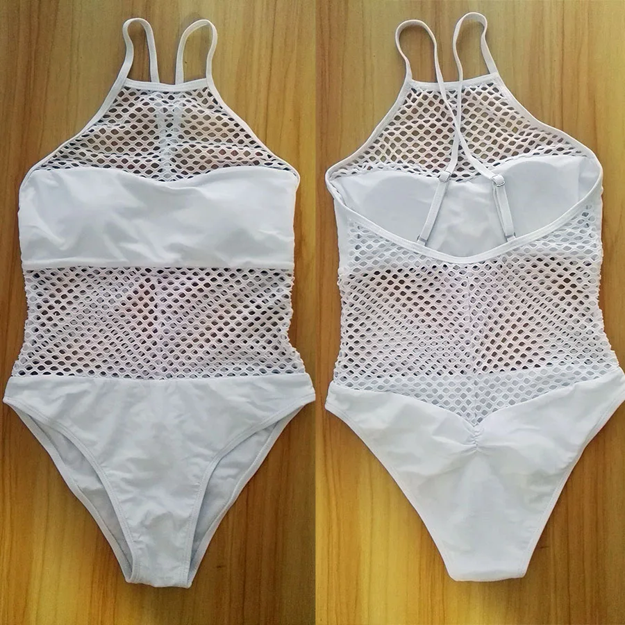 Mesh jednoczęściowy strój kąpielowy kobiety na szyję krzyżowe wiązanie Monokini Push Up Bikini wysokie cięcie stroje kąpielowe Sexy body kostiumy