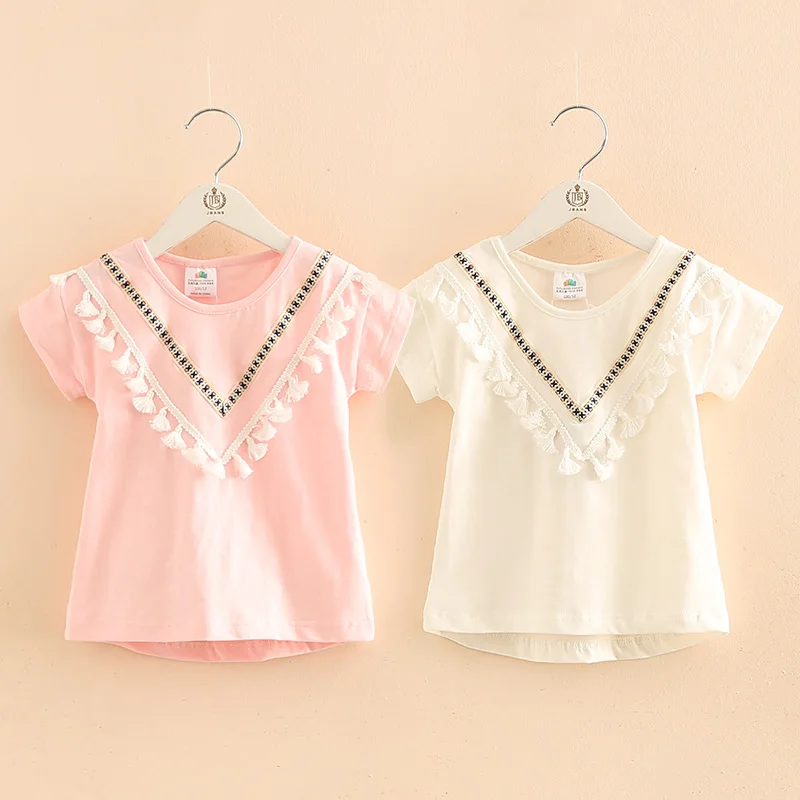 2024 Summer 2 3 4 6 8 10 Years Kids Clothes Cotton White Pink Solid Color V Tassels Patchwork Short Sleeve O-Neck T-Shirt Girls