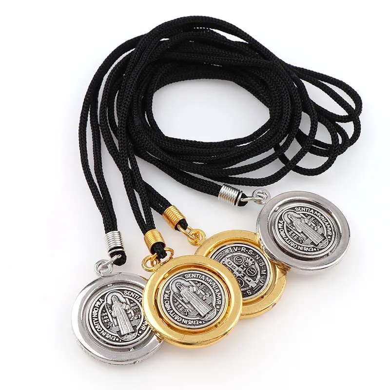 70cm Black  Rope Round Rotatable Saint Benedict Medal Pendant Necklace with Silver and Yellow Gold Color Charms  Necklace