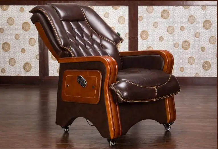 Real leather reclining chair. Solid wood four-legged computer chair. Fixed armrest leather art office chair.028