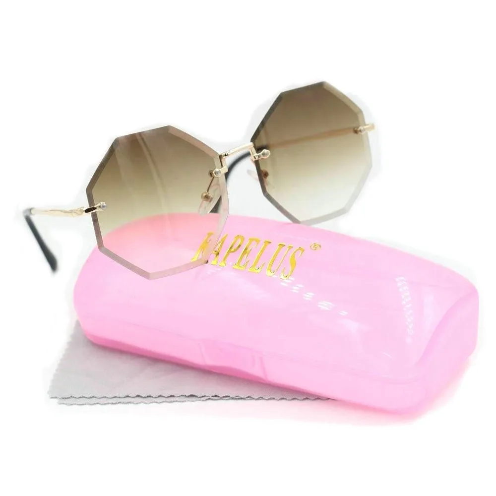 

KAPELUS New Women Unique Octagon Sunglasses Fashion Rimless UV400 Male Sun glasses Mirror Female Driving Glasses Box