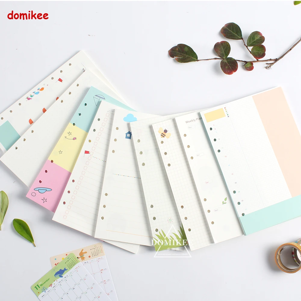 Cute 6 holes replacement inner paper core for spiral notebook:daily weekly monthly planner line grid dots list stationery A5 A6