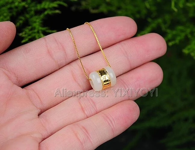 Natural White Hetian Jade + 18K Solid Gold Inlaid Round Safety Lucky Amulet Pendant + Rope Necklace Fine Jewelry + Certificate