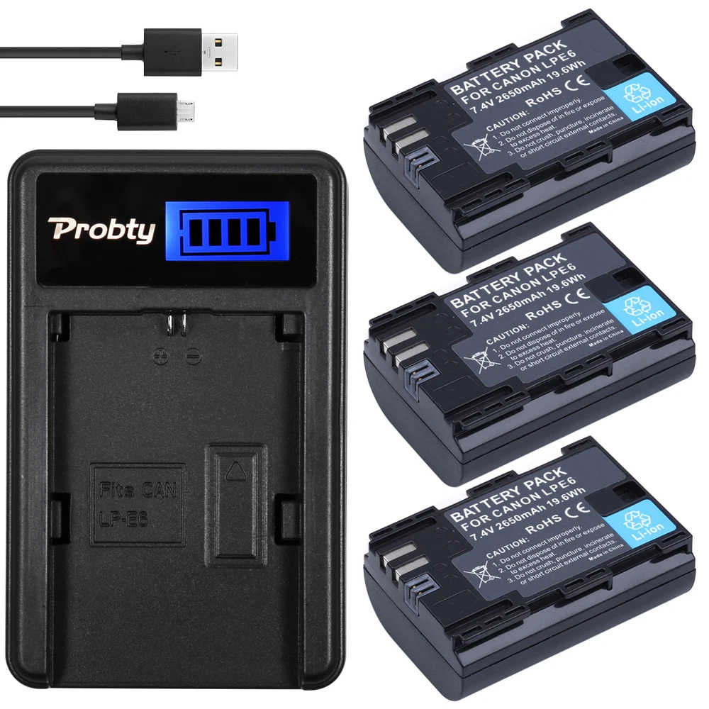 

Probty 3 Pcs 2650mAh LP-E6 LPE6 LP E6 Battery + LCD USB Charger For Canon 5D Mark II/III 6D 7D 60D 60Da 70D DSLR EOS 5DS Camera