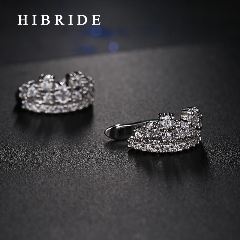 

HIBRIDE Fashion Jewelry Hoop Earrings Micro Insert CZ Stone White Gold Color Party Earrings For Women E-90