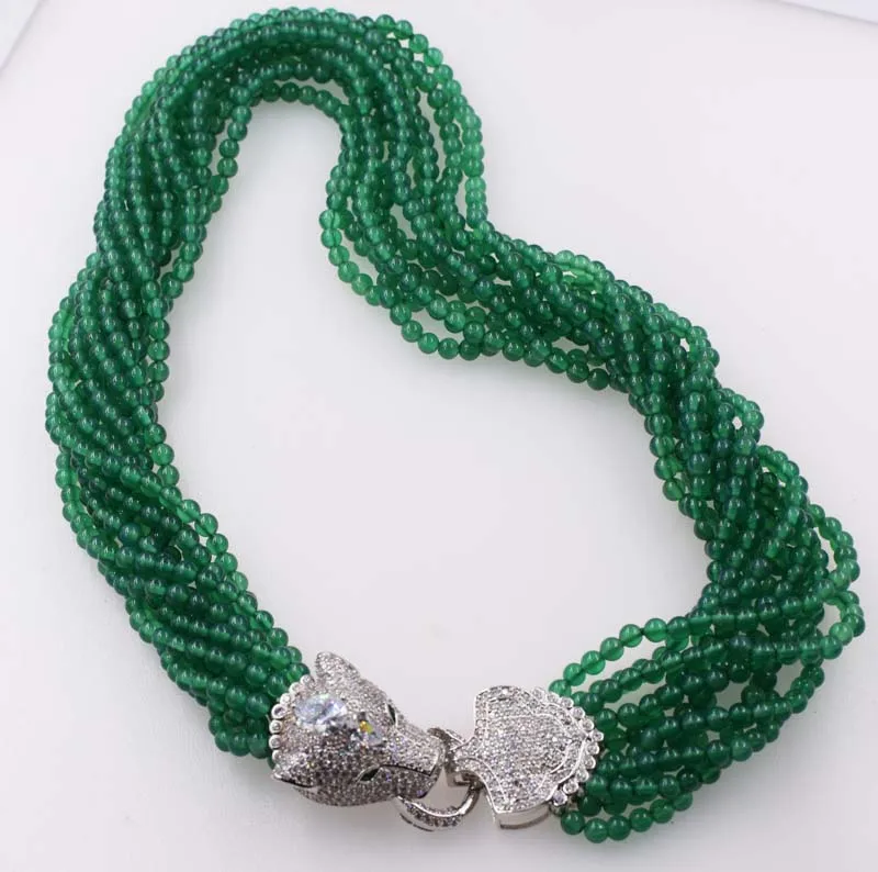 10rows green agate round 4mm  necklace 19inch  wholesale beads nature FPPJ leopard clasp